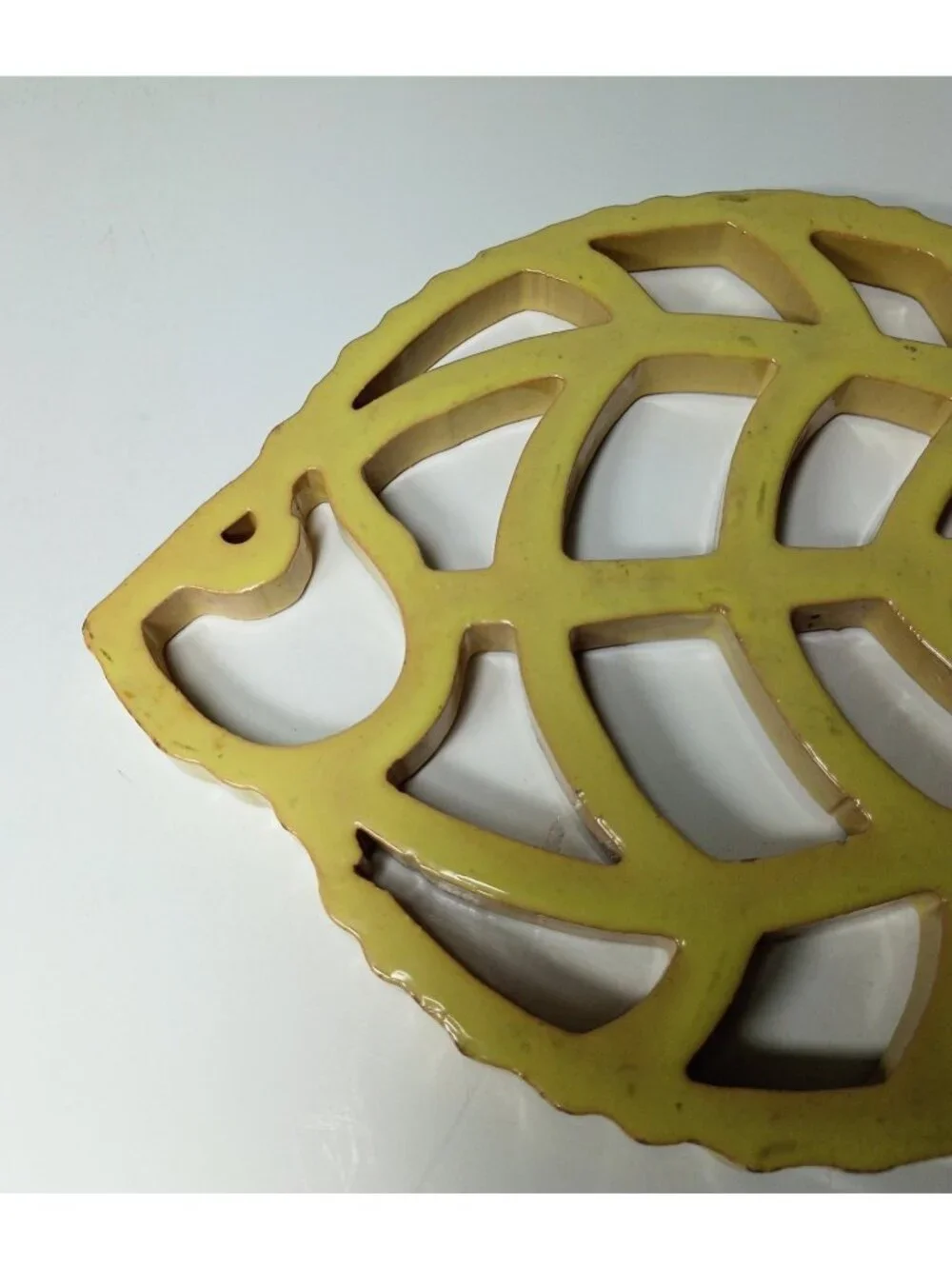 Handmade Terracotta Clay Art Pottery Openwork Fish Trivet Decor Yellow Coastal